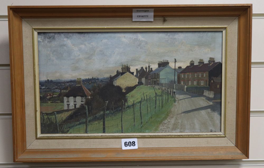 John Doyle, oil on board, Church Road, Oare, Faversham, monogrammed and dated 73, 20 x 36cm